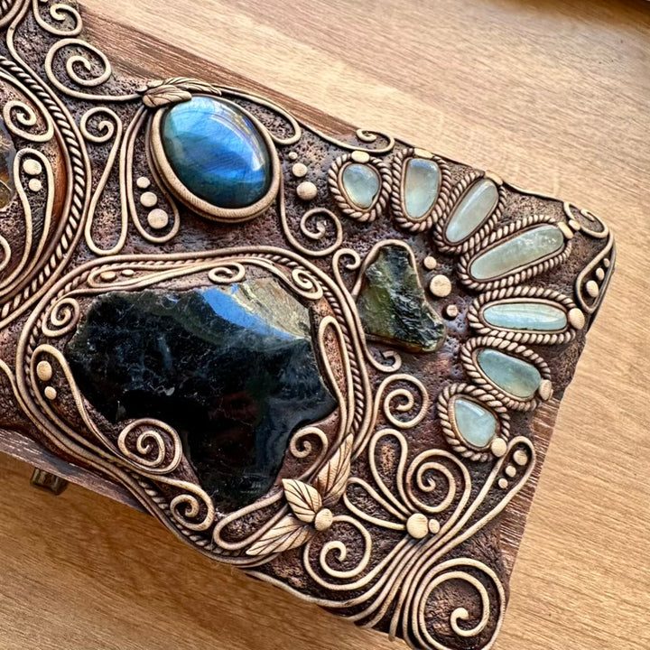 Wooden Box decorated with Crystals, Unique Handmade Tarot Box, Jewelry Box - Home Decor / Ammonite, Black Obsidian, Labradorite, Dioptase, Moldavite and Aquamarine - FairyGardenGlow