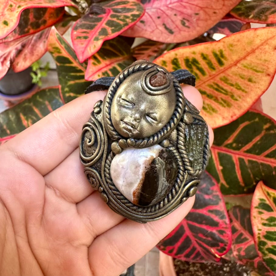 Sardonyx Moldavite and Hessonite Garnet Goddess Necklace - FairyGardenGlow