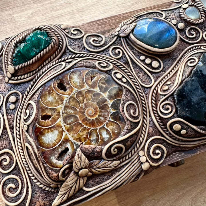 Wooden Box decorated with Crystals, Unique Handmade Tarot Box, Jewelry Box - Home Decor / Ammonite, Black Obsidian, Labradorite, Dioptase, Moldavite and Aquamarine - FairyGardenGlow