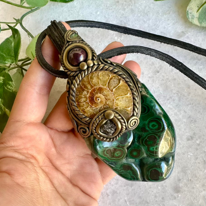 Malachite Ammonite Moldavite Black Tourmaline Ruby and Opal Wand / Healing Crystal Talisman - FairyGardenGlow
