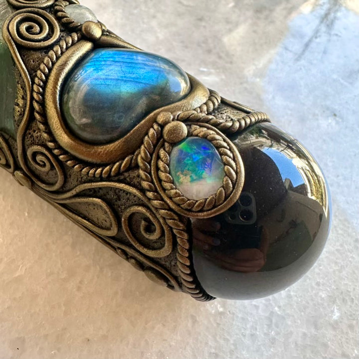 Large Aqua Aura Lemurian Quartz Obsidian Blue Labradorite Heart Australian Crystal Opal Moldavite Aquamarine and Clear Topaz Wand, Healing Crystal Tool - FairyGardenGlow