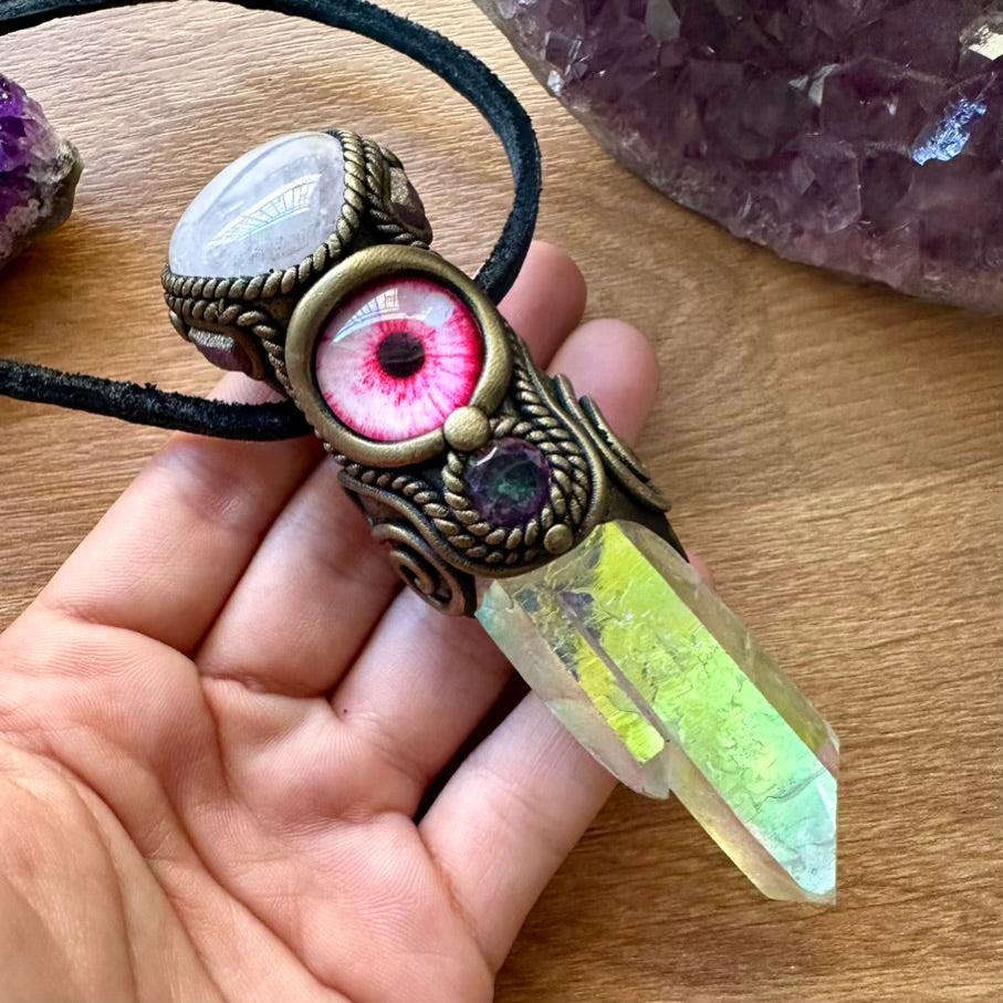 Angel Aura Quartz Rose Quartz Ruby and Mystic Topaz Eye Healing Crystal Talisman - FairyGardenGlow