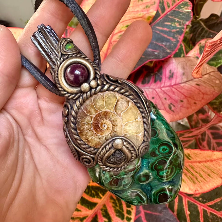 Malachite Ammonite Moldavite Black Tourmaline Ruby and Opal Wand / Healing Crystal Talisman - FairyGardenGlow