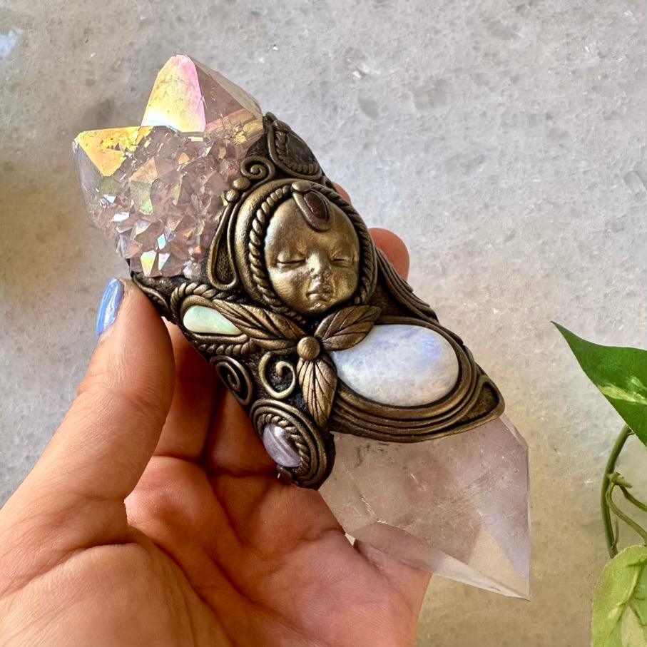 Clear Quartz Angel Aura Spirit Quartz Moonstone Australian Opal Amethyst Tanzanite and Garnet Goddess Necklace - FairyGardenGlow