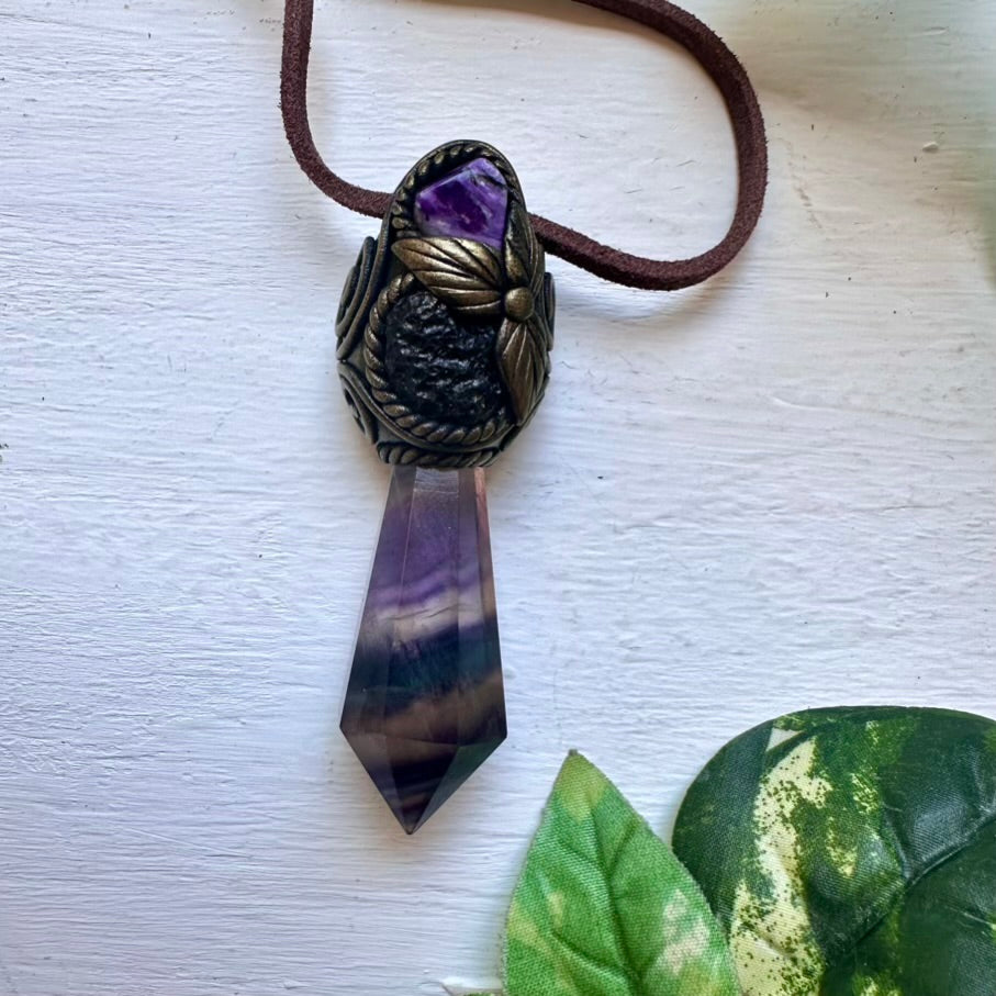Rainbow Fluorite Moldavite and Charoite Healing Crystal Talisman - FairyGardenGlow
