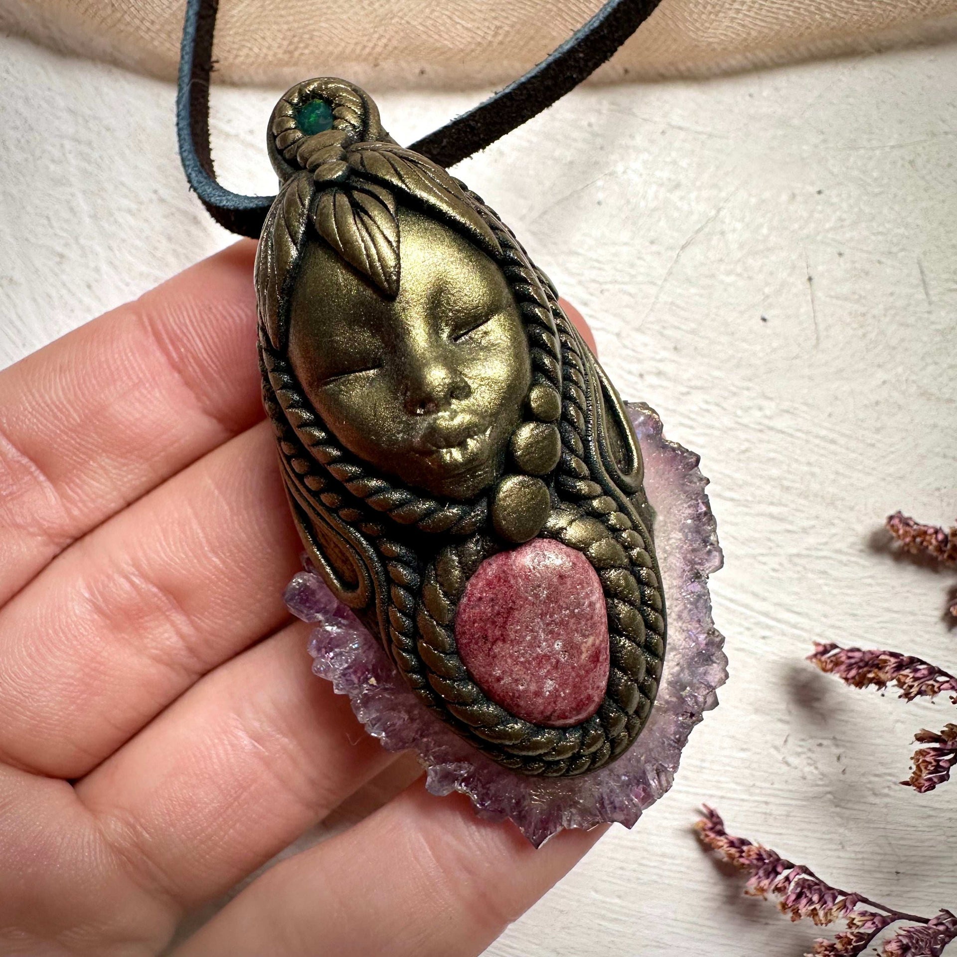Amethyst Stalactite Thulite and Black Opal Goddess Necklace - FairyGardenGlow