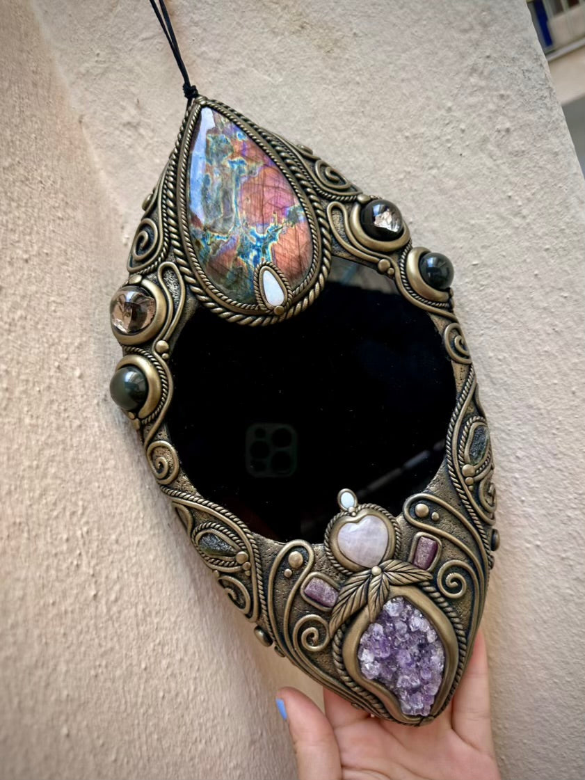 Crystal Wall Hanging - Handmade Unique Crystal Home Decor Art, with Black Obsidian Mirror, Large Purple Labradorite, Rainbow Obsidian, Smoky Quartz, Amethyst Cluster, Rose Quartz Heart, Moldavite, Ruby and Australian Opal - FairyGardenGlow