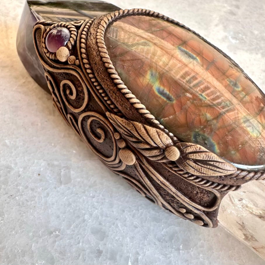 Crystal Wand - Large Lemurian Seed Quartz, Purple Fluorite Flame, Purple Labradorite, Morganite and Amethyst Wand - FairyGardenGlow