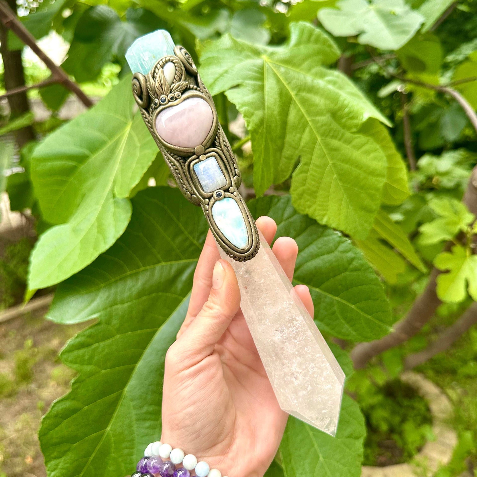 XL Clear Quartz Point with Raw Aquamarine Rose Quartz Heart Australian Opal Rainbow Moonstone and Blue Sapphire Wand - FairyGardenGlow