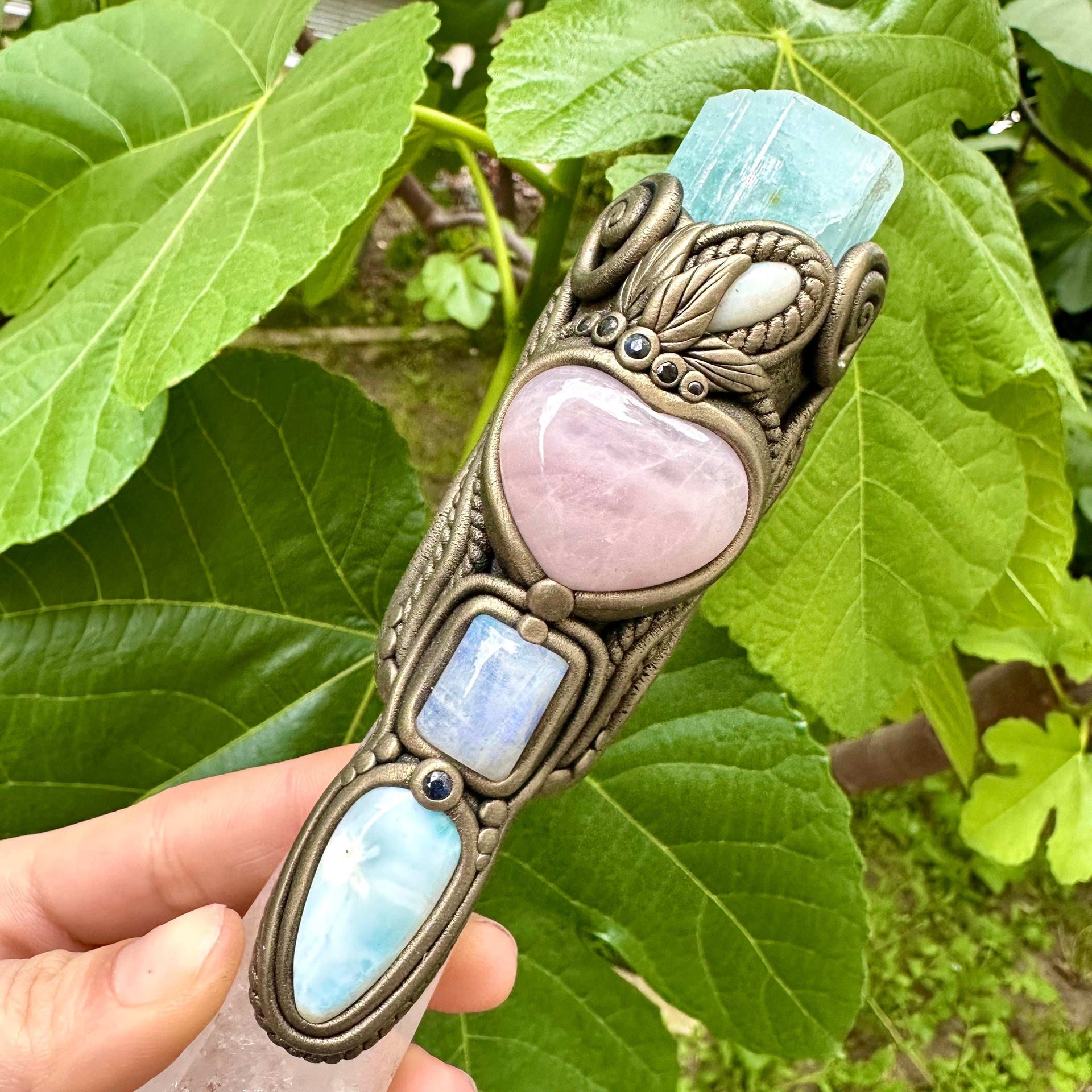 XL Clear Quartz Point with Raw Aquamarine Rose Quartz Heart Australian Opal Rainbow Moonstone and Blue Sapphire Wand - FairyGardenGlow