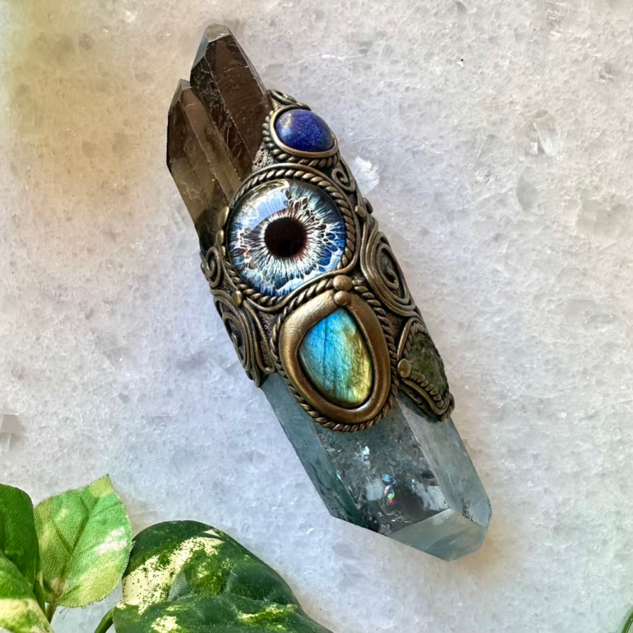 Aqua Aura Quartz Smoky Quartz Lapis Lazuli Labradorite Moldavite Third Eye Healing Crystal Wand - FairyGardenGlow
