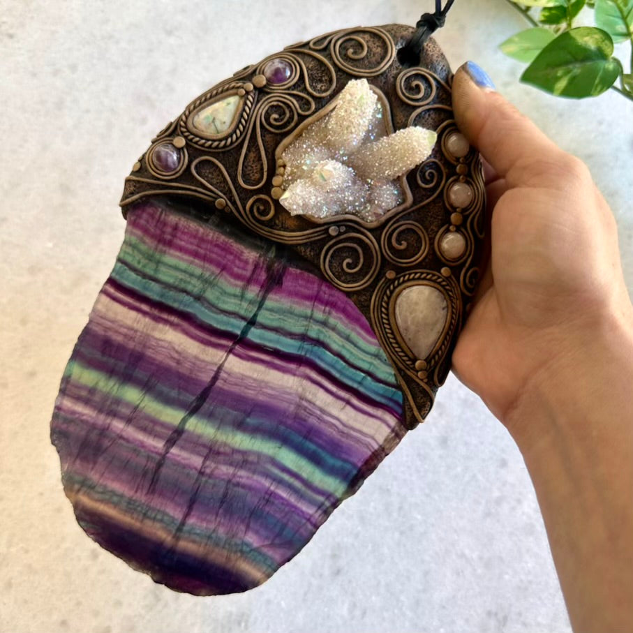 Handmade Wall Hanging, Unique Crystal Home Decor with Rainbow Fluorite Angel, Aura Spirit Quartz, Rainbow Moonstone, Morganite, Australian Opal and Amethyst - FairyGardenGlow