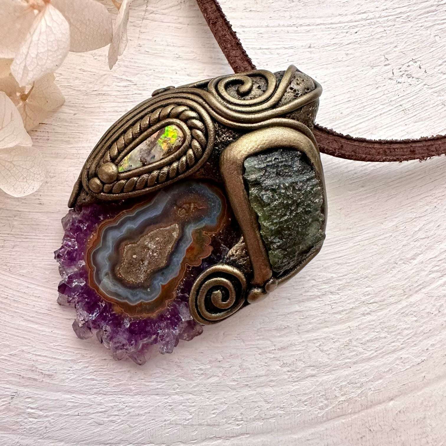 Amethyst Stalactite Moldavite and Boulder Opal Pendant, Handmade Crystal Necklace - FairyGardenGlow
