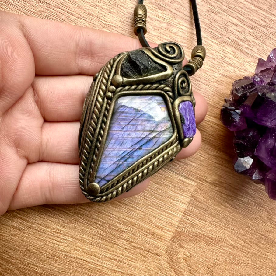 Purple Labradorite Moldavite and Charoite Necklace - FairyGardenGlow