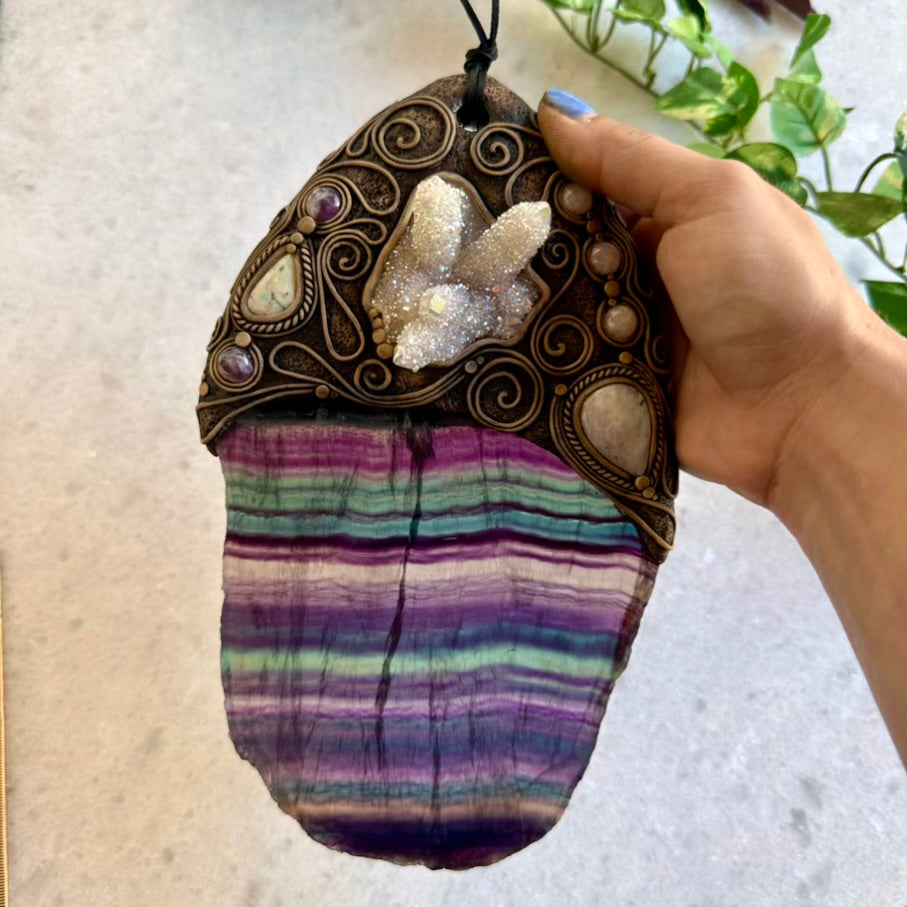 Handmade Wall Hanging, Unique Crystal Home Decor with Rainbow Fluorite Angel, Aura Spirit Quartz, Rainbow Moonstone, Morganite, Australian Opal and Amethyst - FairyGardenGlow