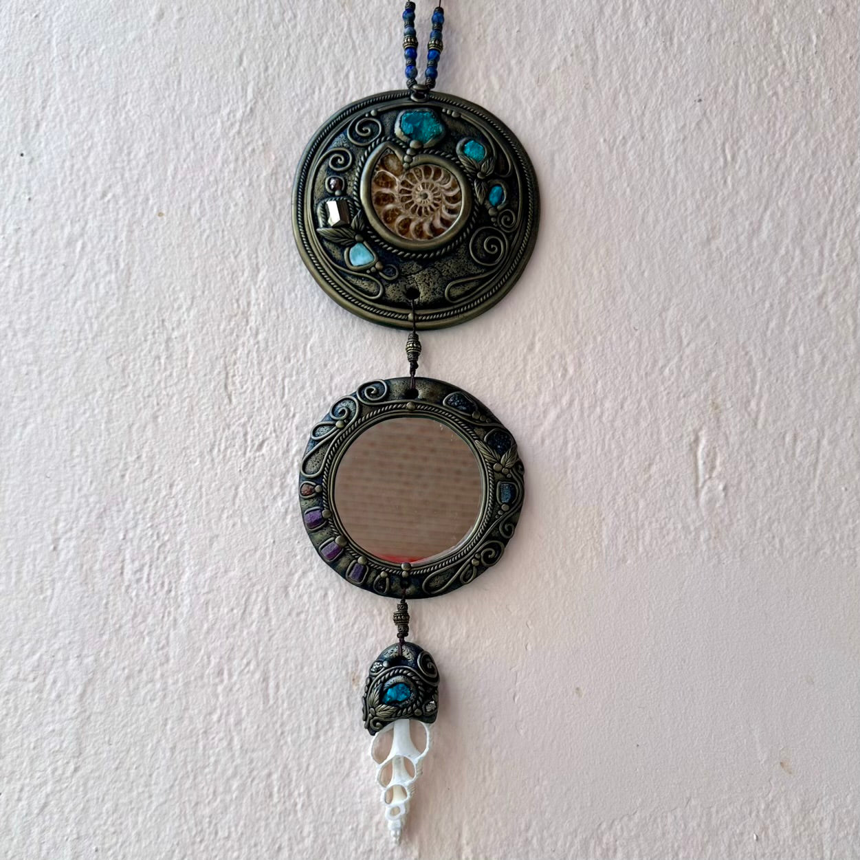 Crystal Wall Hanging, Handmade Crystal Mirror, Spiritual Decor with Ammonite Chrysocolla Pyrite Larimar Moldavite Pyrite Ruby Hessonite Garnet and Lapis Lazuli