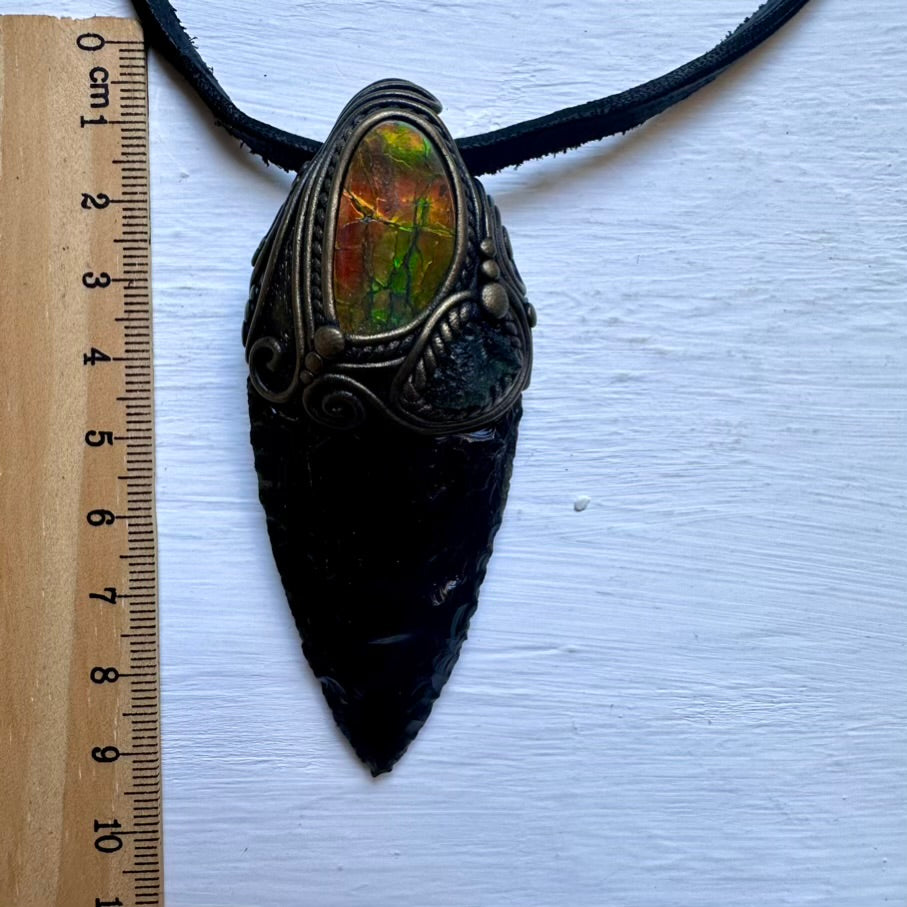 Black Obsidian Arrowhead Ammolite and Moldavite Wand/Necklace - FairyGardenGlow