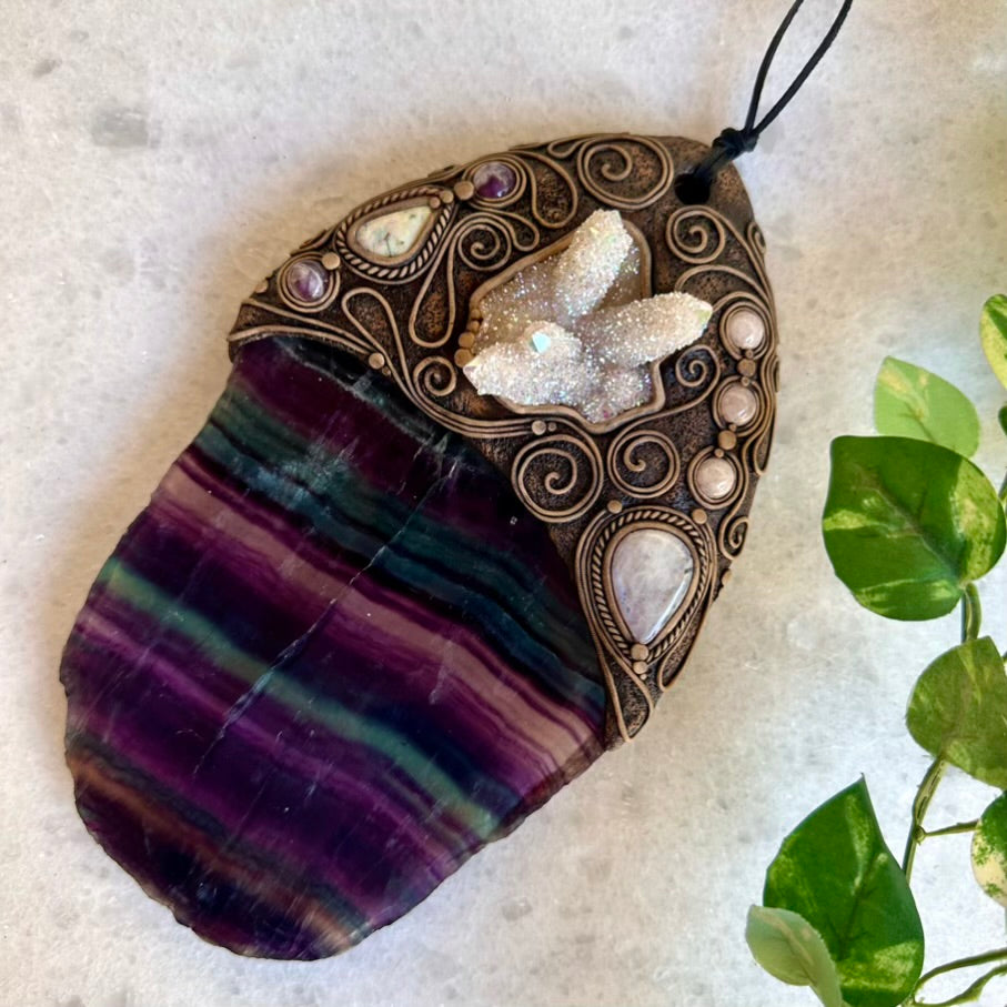 Handmade Wall Hanging, Unique Crystal Home Decor with Rainbow Fluorite Angel, Aura Spirit Quartz, Rainbow Moonstone, Morganite, Australian Opal and Amethyst - FairyGardenGlow