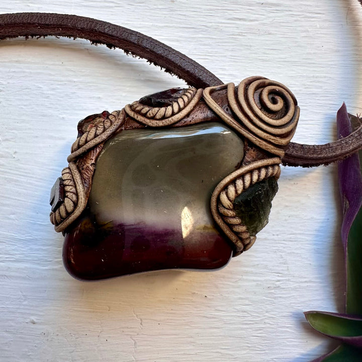 Mookaite Jasper Moldavite and Red Garnet Necklace - FairyGardenGlow