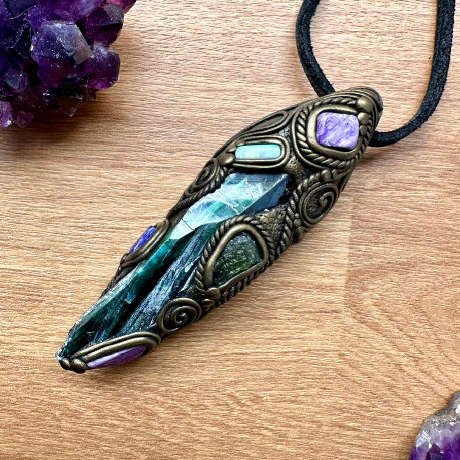 Gorgeous Vivianite with Moldavite, Charoite, Solid Australian Opal, and Lapis Lazuli Healing Crystal Wand-Pendant, Handmade Healing Crystal Talisman - FairyGardenGlow