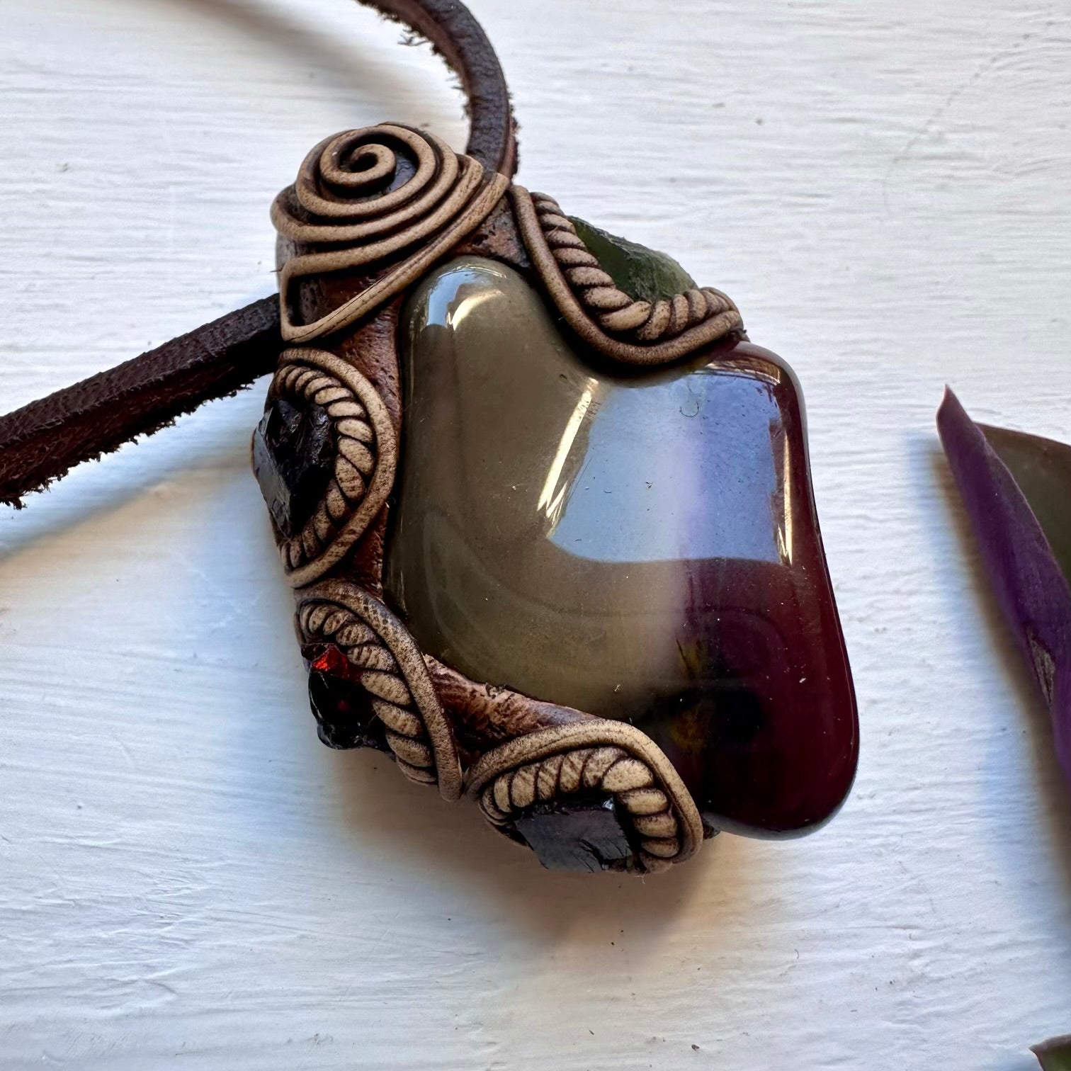 Mookaite Jasper Moldavite and Red Garnet Necklace - FairyGardenGlow