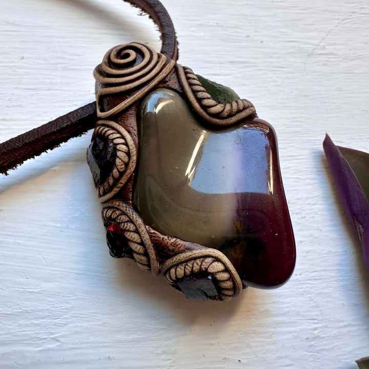 Mookaite Jasper Moldavite and Red Garnet Necklace - FairyGardenGlow
