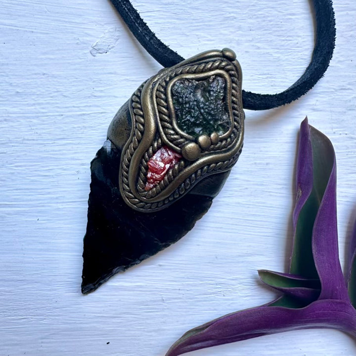 Black Obsidian Arrowhead Moldavite and Vanadinite Pendant Necklace, Healing Crystal Jewelry - FairyGardenGlow