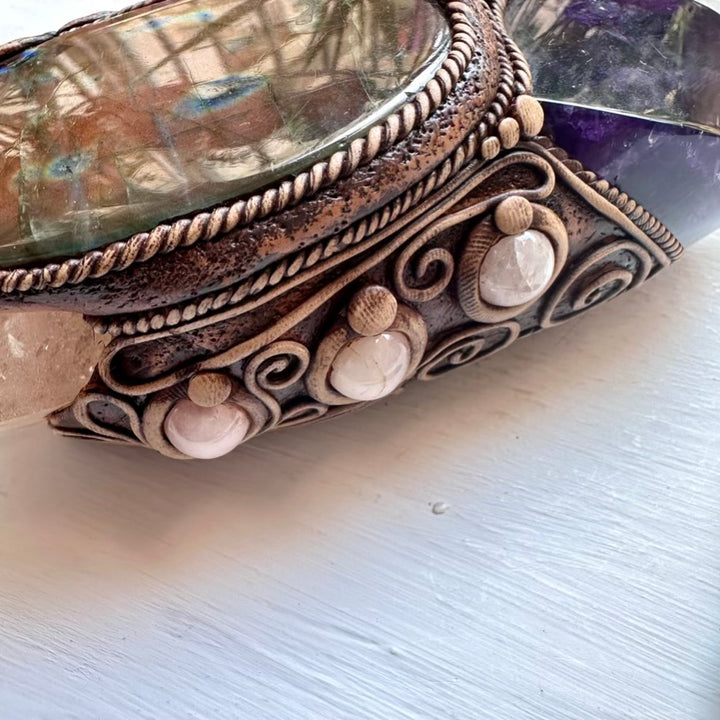 Crystal Wand - Large Lemurian Seed Quartz, Purple Fluorite Flame, Purple Labradorite, Morganite and Amethyst Wand - FairyGardenGlow