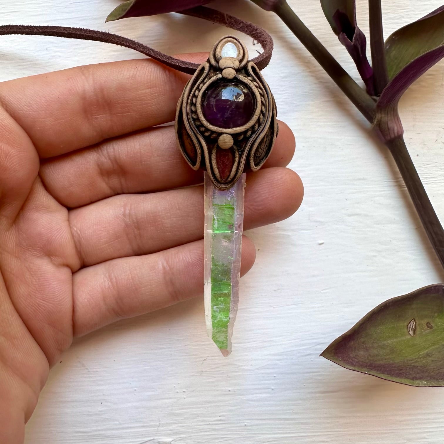 Angel Aura Quartz Amethyst Pink Tourmaline and Australian Opal Necklace - FairyGardenGlow