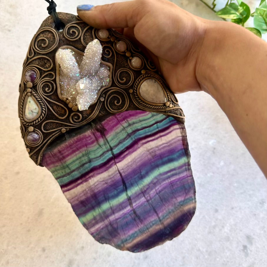 Handmade Wall Hanging, Unique Crystal Home Decor with Rainbow Fluorite Angel, Aura Spirit Quartz, Rainbow Moonstone, Morganite, Australian Opal and Amethyst - FairyGardenGlow