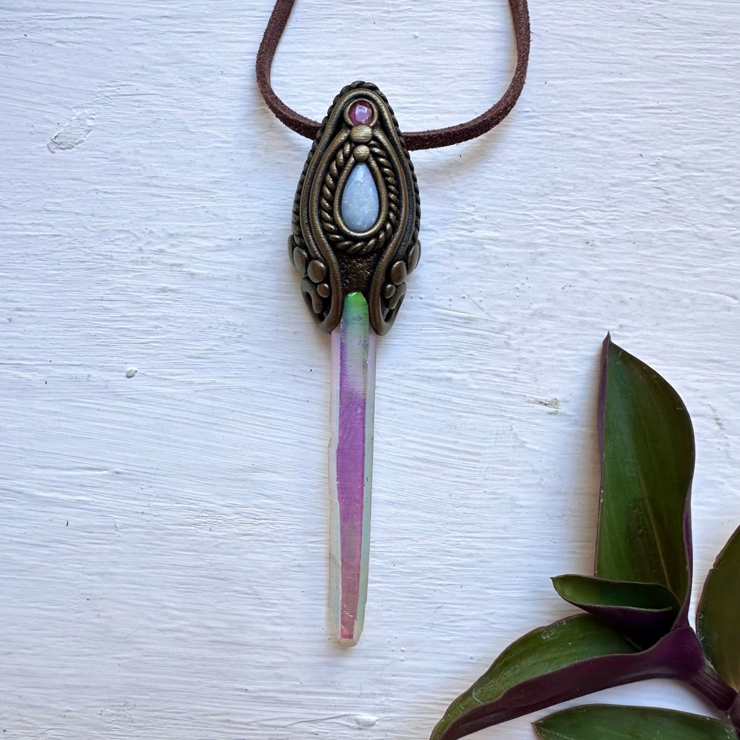 Angel Aura Quartz Australian Opal and Ruby Necklace, Unique Crystal Pendant