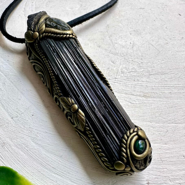 Unique Handmade Pendant – Black Tourmaline, Black Opal and Moldavite for Grounding Energy