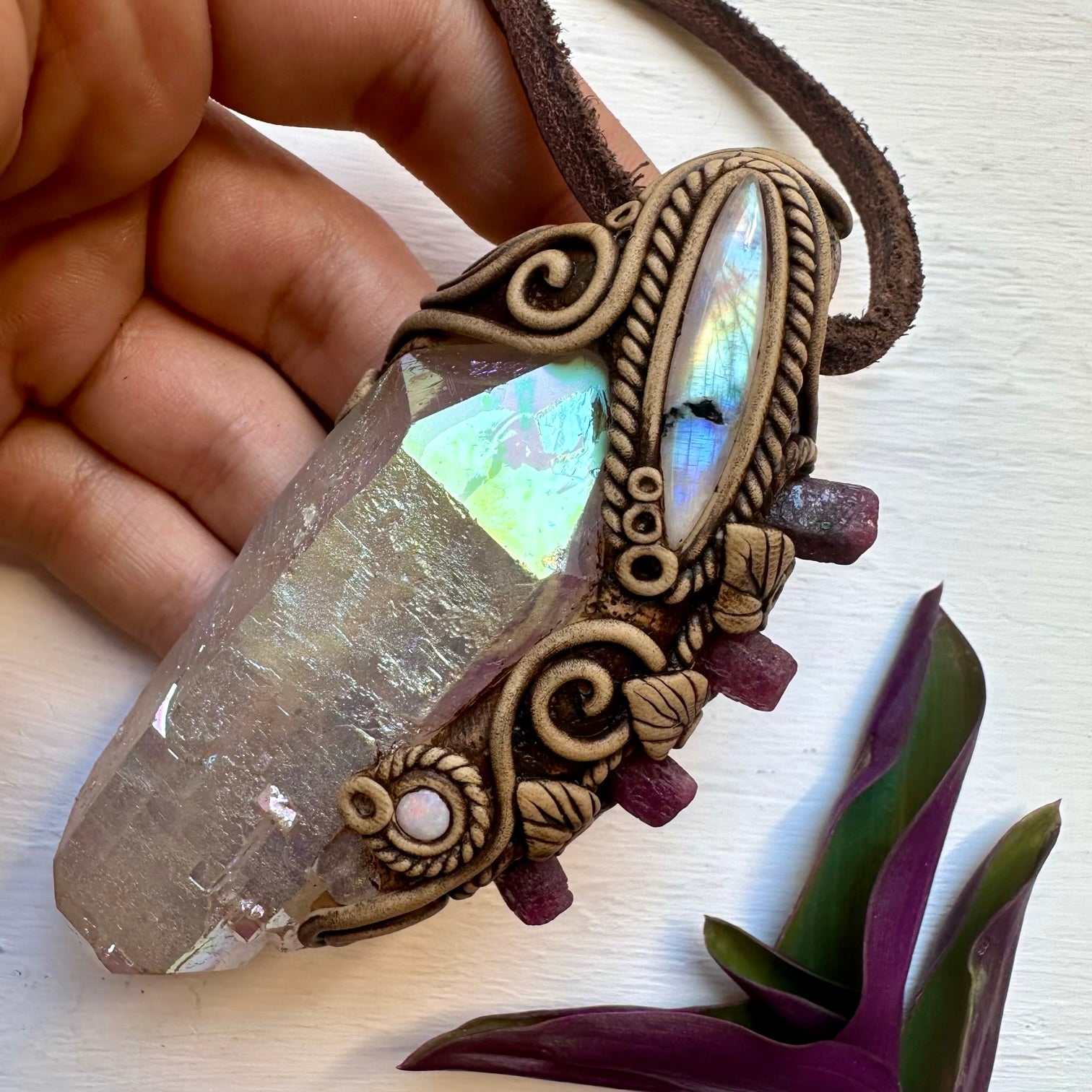 Angel Aura Quartz Ruby Moonstone and Australian Opal Wand / Pendant, Healing Crystal Handmade Wand - FairyGardenGlow