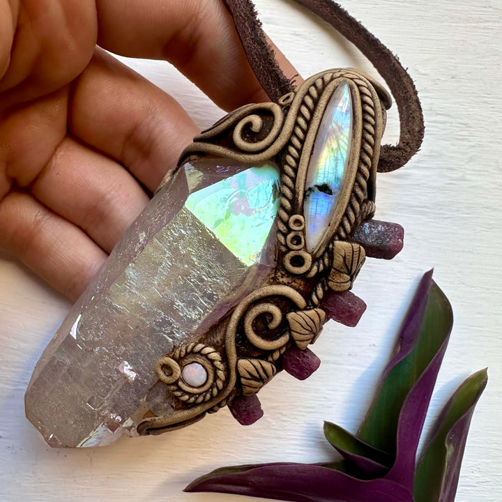Angel Aura Quartz Ruby Moonstone and Australian Opal Wand / Pendant, Healing Crystal Handmade Wand - FairyGardenGlow