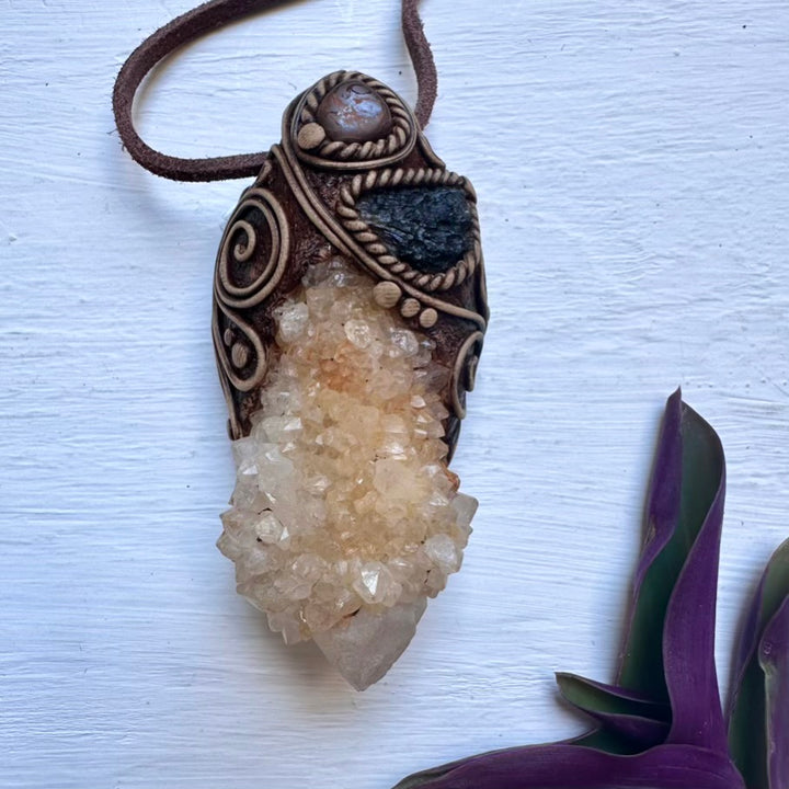 Spirit Quartz Moldavite and Boulder Opal Wand / Pendant - FairyGardenGlow