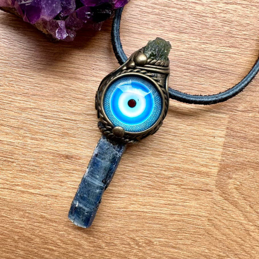 Blue Kyanite and Moldavite Evil Eye Protection Amulet, Handmade Crystal Necklace - FairyGardenGlow