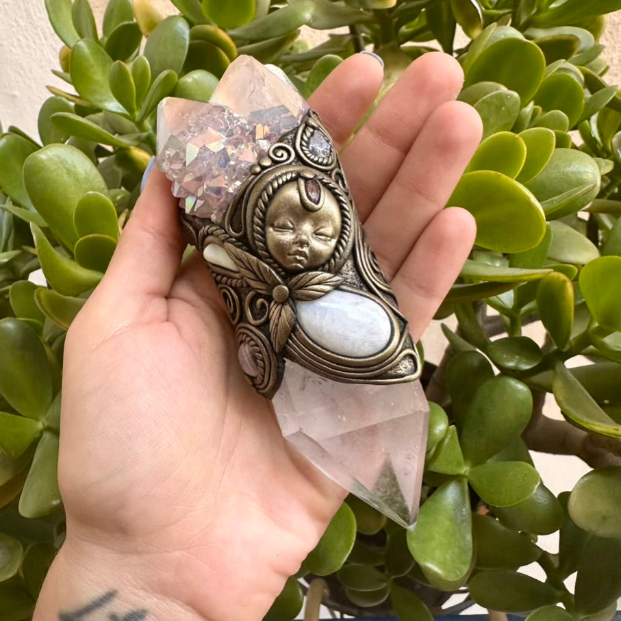 Clear Quartz Angel Aura Spirit Quartz Moonstone Australian Opal Amethyst Tanzanite and Garnet Goddess Necklace - FairyGardenGlow