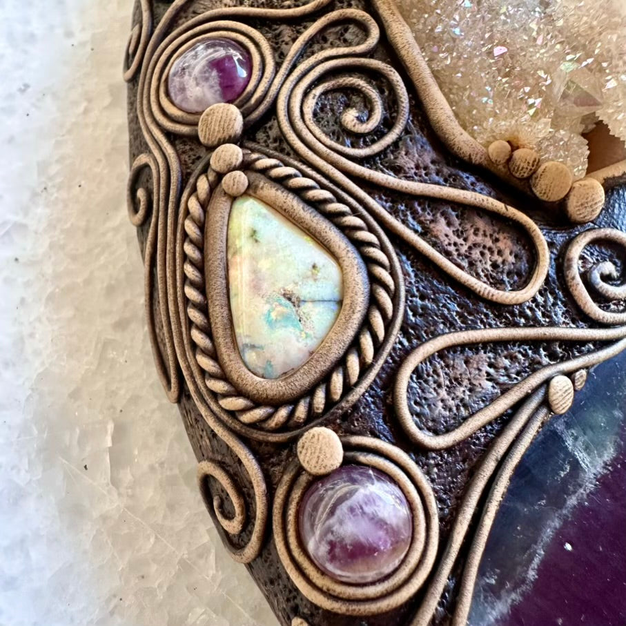 Handmade Wall Hanging, Unique Crystal Home Decor with Rainbow Fluorite Angel, Aura Spirit Quartz, Rainbow Moonstone, Morganite, Australian Opal and Amethyst - FairyGardenGlow