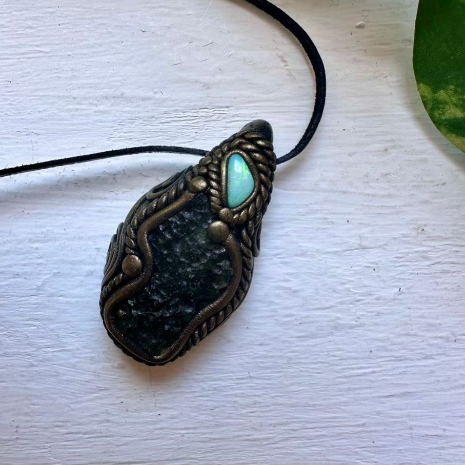 Moldavite and Australian Opal Necklace - FairyGardenGlow