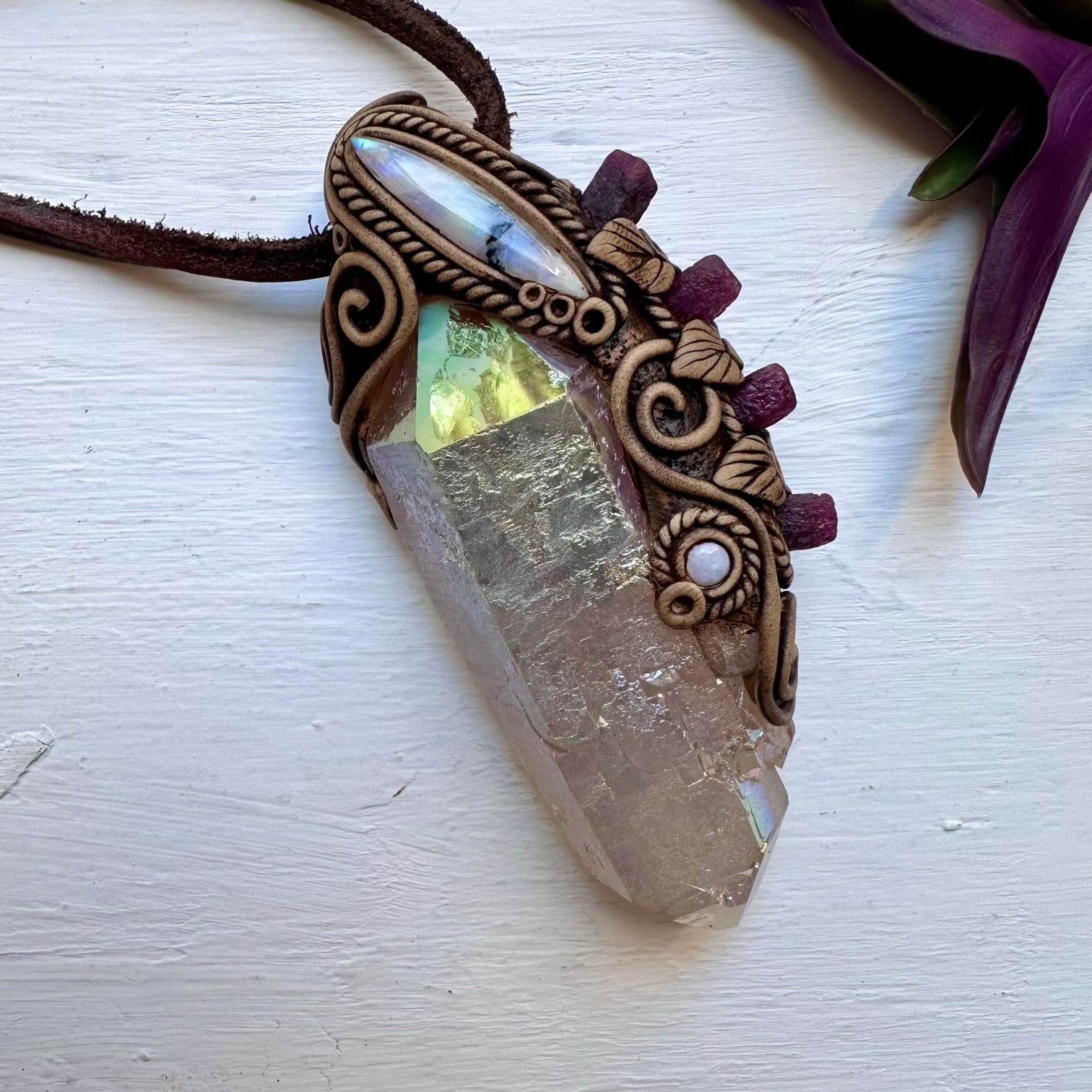 Angel Aura Quartz Ruby Moonstone and Australian Opal Wand / Pendant, Healing Crystal Handmade Wand - FairyGardenGlow