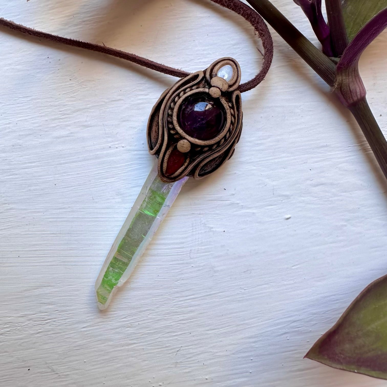 Angel Aura Quartz Amethyst Pink Tourmaline and Australian Opal Necklace - FairyGardenGlow