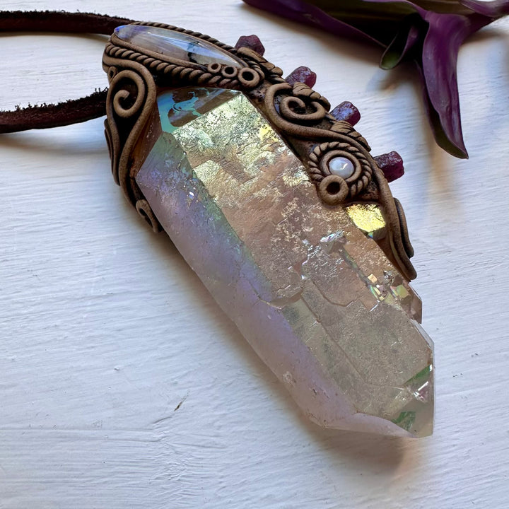 Angel Aura Quartz Ruby Moonstone and Australian Opal Wand / Pendant, Healing Crystal Handmade Wand - FairyGardenGlow