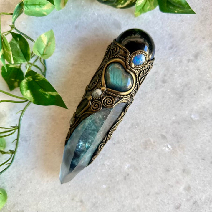 Large Aqua Aura Lemurian Quartz Obsidian Blue Labradorite Heart Australian Crystal Opal Moldavite Aquamarine and Clear Topaz Wand, Healing Crystal Tool - FairyGardenGlow