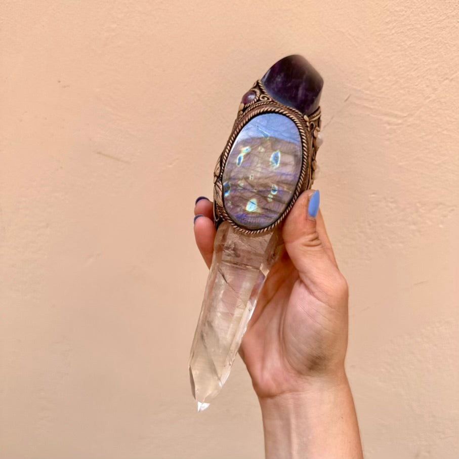 Crystal Wand - Large Lemurian Seed Quartz, Purple Fluorite Flame, Purple Labradorite, Morganite and Amethyst Wand - FairyGardenGlow
