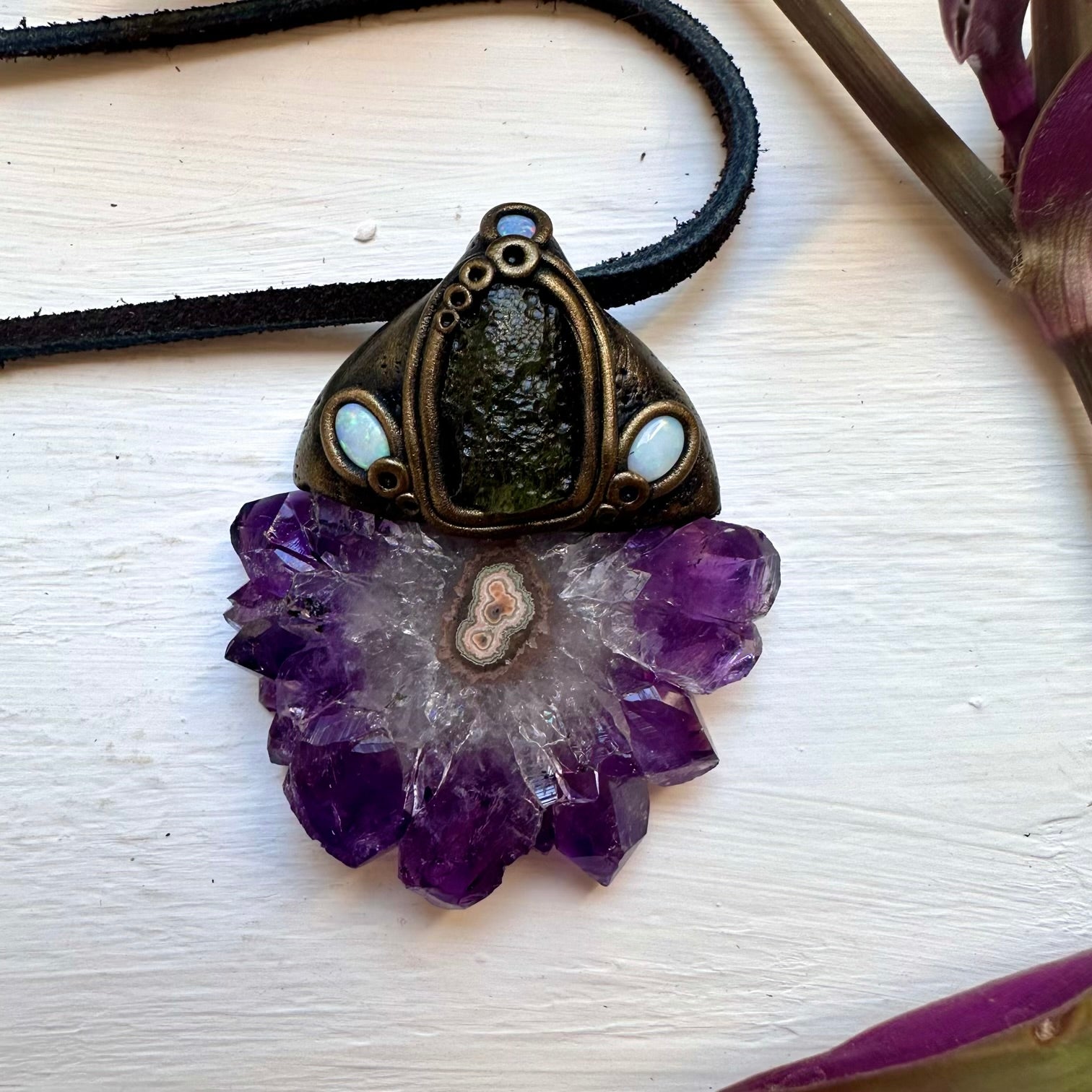 Amethyst Stalactite Moldavite and Australian Opal Necklace - FairyGardenGlow