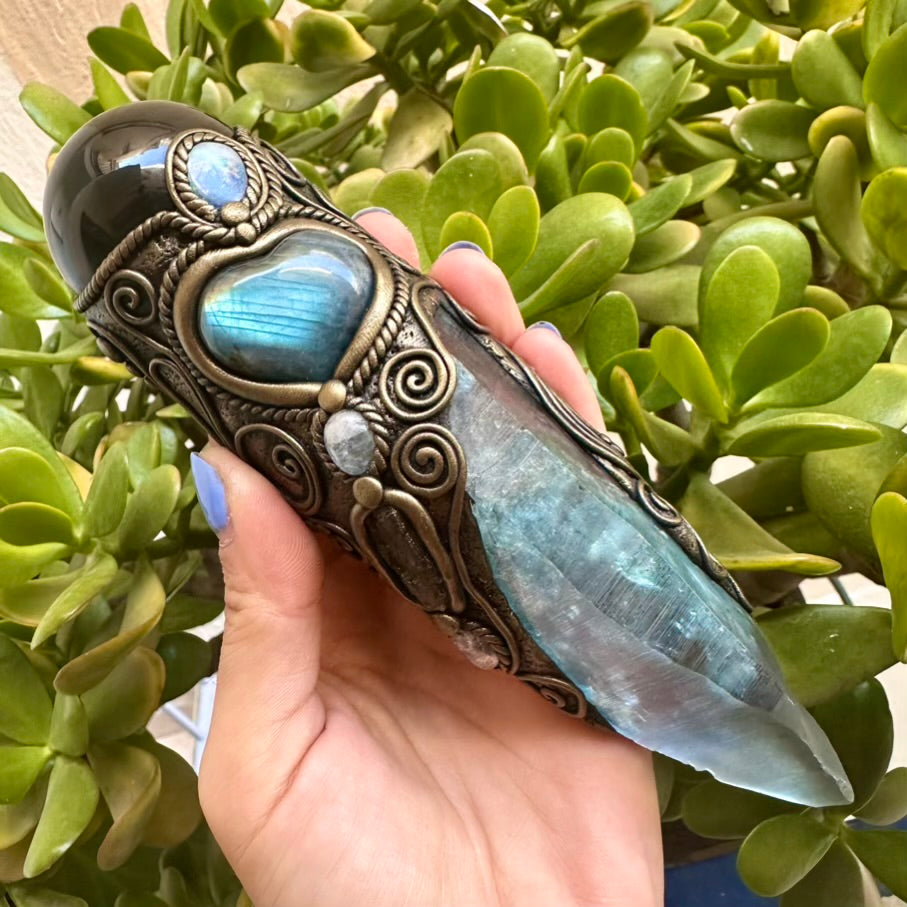 Large Aqua Aura Lemurian Quartz Obsidian Blue Labradorite Heart Australian Crystal Opal Moldavite Aquamarine and Clear Topaz Wand, Healing Crystal Tool - FairyGardenGlow