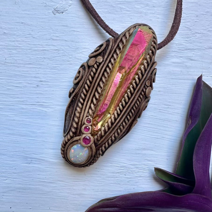 Sunset Aura Quartz Australian Opal and Ruby Necklace - FairyGardenGlow