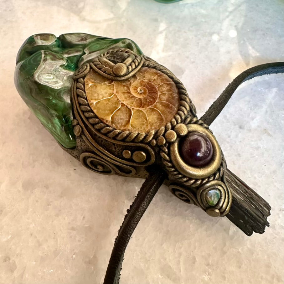 Malachite Ammonite Moldavite Black Tourmaline Ruby and Opal Wand / Healing Crystal Talisman - FairyGardenGlow