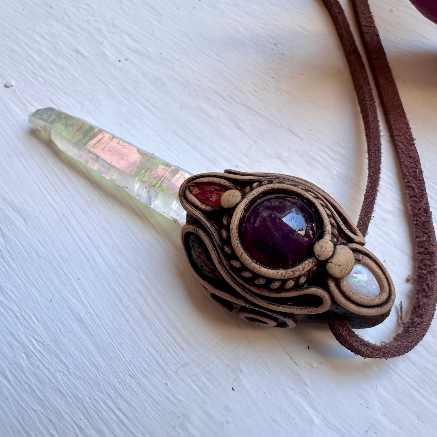 Angel Aura Quartz Amethyst Pink Tourmaline and Australian Opal Necklace - FairyGardenGlow