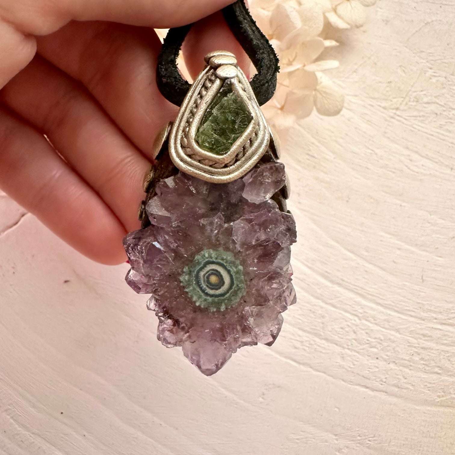 Amethyst Stalactite and Raw Moldavite Crystal Necklace - FairyGardenGlow